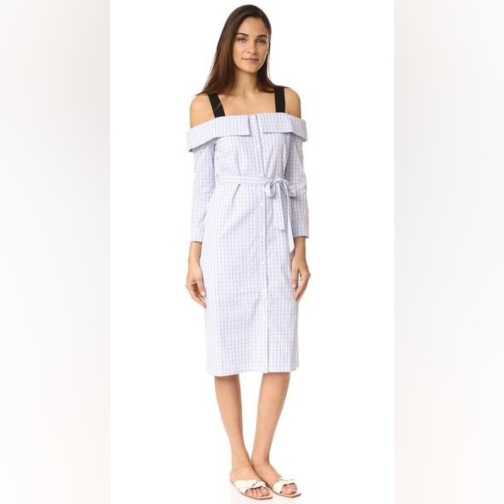 English Factory Blue Checkered Off-Shoulder Midi Dress